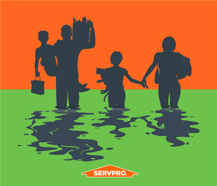 animated silhouettes of human characters wading through a flood water, SERVPRO logo at the bottom, orange and green backgroun